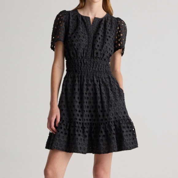 New Quince Organic Cotton Eyelet Mini Tiered Dress Black - Picture 1 of 8